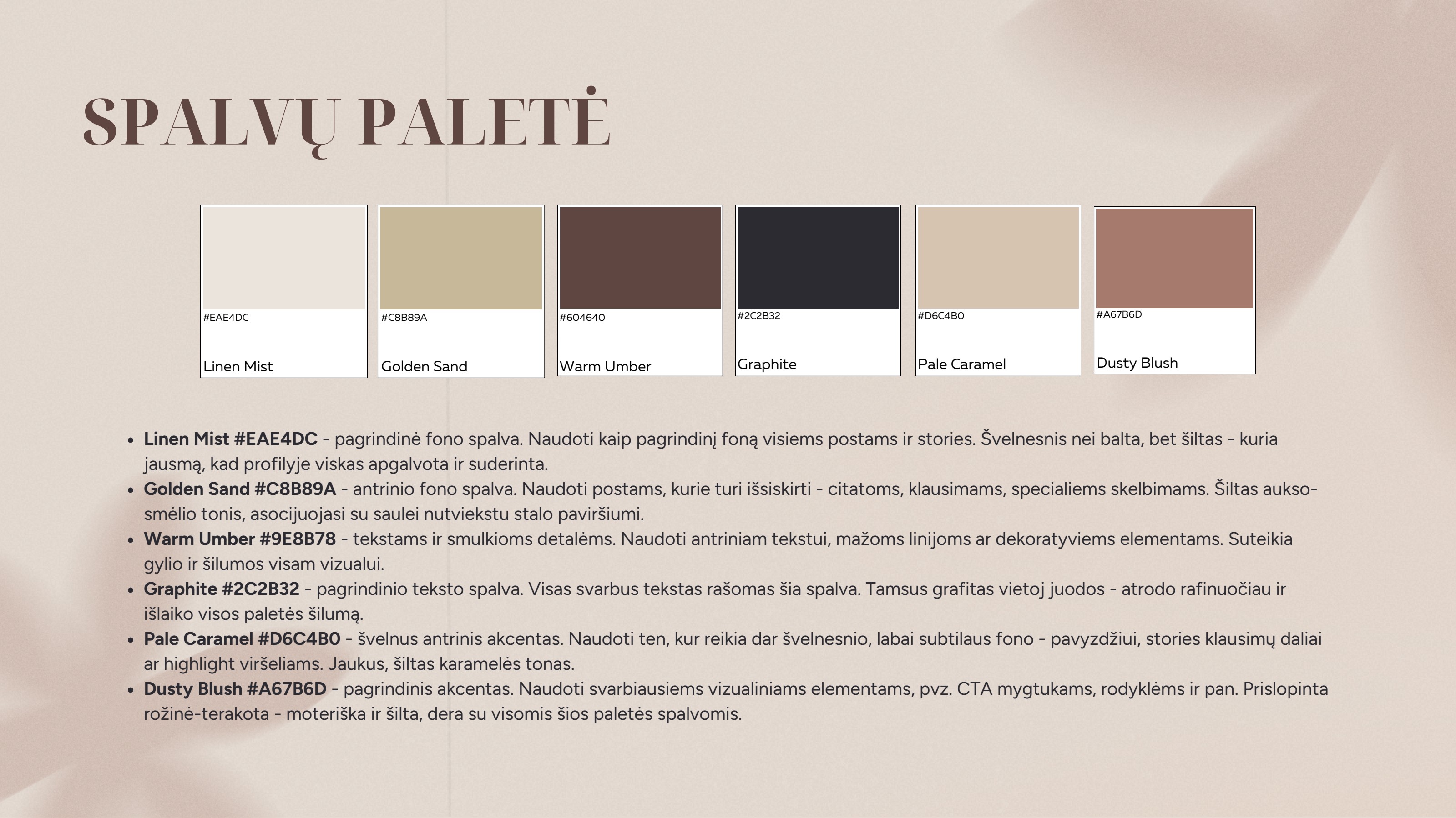 Spalvų paletė — šilti, natūralūs tonai